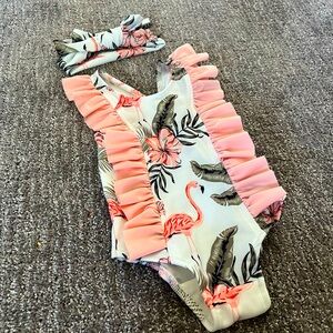 Baby Girl One Piece Flamingo Swimsuit with Matching Headband
